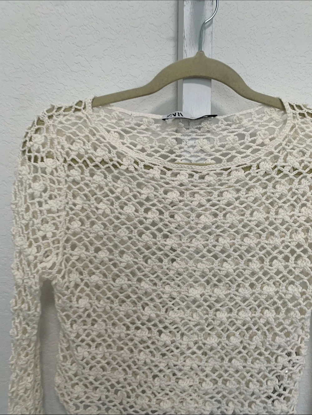 Zara White Crochet Open-Weave Long Sleeve Crop Top